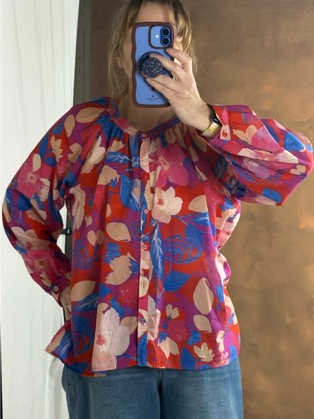 Johnny Was Multicolor Floral Button-Up Blouse - Pink Red Blue